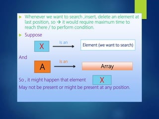  Whenever we want to search ,insert, delete an element at
last position, so  it would require maximum time to
reach there / to perform condition.
 Suppose
And
So , it might happen that element
May not be present or might be present at any position.
X Element (we want to search)
A Array
Is an
Is an
X
 