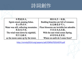 詩詞創作	
http://emnlp2014.org/papers/pdf/EMNLP2014074.pdf
 