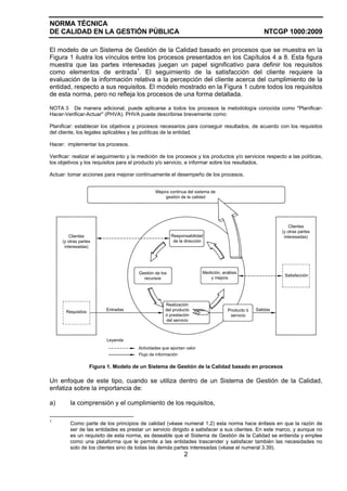 NORMA TÉCNICA
DE CALIDAD EN LA GESTIÓN PÚBLICA                                                                     NTCGP 1000:2009

El modelo de un Sistema de Gestión de la Calidad basado en procesos que se muestra en la
Figura 1 ilustra los vínculos entre los procesos presentados en los Capítulos 4 a 8. Esta figura
muestra que las partes interesadas juegan un papel significativo para definir los requisitos
como elementos de entrada1. El seguimiento de la satisfacción del cliente requiere la
evaluación de la información relativa a la percepción del cliente acerca del cumplimiento de la
entidad, respecto a sus requisitos. El modelo mostrado en la Figura 1 cubre todos los requisitos
de esta norma, pero no refleja los procesos de una forma detallada.

NOTA 3 De manera adicional, puede aplicarse a todos los procesos la metodología conocida como "Planificar-
Hacer-Verificar-Actuar" (PHVA). PHVA puede describirse brevemente como:

Planificar: establecer los objetivos y procesos necesarios para conseguir resultados, de acuerdo con los requisitos
del cliente, los legales aplicables y las políticas de la entidad.

Hacer: implementar los procesos.

Verificar: realizar el seguimiento y la medición de los procesos y los productos y/o servicios respecto a las políticas,
los objetivos y los requisitos para el producto y/o servicio, e informar sobre los resultados.

Actuar: tomar acciones para mejorar continuamente el desempeño de los procesos.


                                               Mejora continua del sistema de
                                                    gestión de la calidad




                                                                                                               Clientes
                                                                                                           (y otras partes
         Clientes                                       Responsabilidad                                     interesadas)
     (y otras partes                                     de la dirección
      interesadas)




                                       Gestión de los                  Medición, análisis
                                                                                                            Satisfacción
                                         recursos                          y mejora




                                                    Realización
                          Entradas                  del producto                    Producto ó   Salidas
       Requisitos
                                                    ó prestación                     servicio
                                                    del servicio



                          Leyenda
                                       Actividades que aportan valor
                                       Flujo de información

                    Figura 1. Modelo de un Sistema de Gestión de la Calidad basado en procesos

Un enfoque de este tipo, cuando se utiliza dentro de un Sistema de Gestión de la Calidad,
enfatiza sobre la importancia de:

a)       la comprensión y el cumplimiento de los requisitos,

1
         Como parte de los principios de calidad (véase numeral 1.2) esta norma hace énfasis en que la razón de
         ser de las entidades es prestar un servicio dirigido a satisfacer a sus clientes. En este marco, y aunque no
         es un requisito de esta norma, es deseable que el Sistema de Gestión de la Calidad se entienda y emplee
         como una plataforma que le permite a las entidades trascender y satisfacer también las necesidades no
         solo de los clientes sino de todas las demás partes interesadas (véase el numeral 3.39).
                                                              2
 