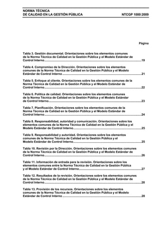 NORMA TÉCNICA
DE CALIDAD EN LA GESTIÓN PÚBLICA NTCGP 1000:2009
Página
Tabla 3. Gestión documental. Orientaciones sobre los elementos comunes
de la Norma Técnica de Calidad en la Gestión Pública y el Modelo Estándar de
Control Interno......................................................................................................................19
Tabla 4. Compromiso de la Dirección. Orientaciones sobre los elementos
comunes de la Norma Técnica de Calidad en la Gestión Pública y el Modelo
Estándar de Control Interno ................................................................................................21
Tabla 5. Enfoque al cliente. Orientaciones sobre los elementos comunes de la
Norma Técnica de Calidad en la Gestión Pública y el Modelo Estándar de
Control Interno......................................................................................................................22
Tabla 6. Política de calidad. Orientaciones sobre los elementos comunes
de la Norma Técnica de Calidad en la Gestión Pública y el Modelo Estándar
de Control Interno.................................................................................................................23
Tabla 7. Planificación. Orientaciones sobre los elementos comunes de la
Norma Técnica de Calidad en la Gestión Pública y el Modelo Estándar de
Control Interno......................................................................................................................24
Tabla 8. Responsabilidad, autoridad y comunicación. Orientaciones sobre los
elementos comunes de la Norma Técnica de Calidad en la Gestión Pública y el
Modelo Estándar de Control Interno...................................................................................25
Tabla 9. Responsabilidad y autoridad. Orientaciones sobre los elementos
comunes de la Norma Técnica de Calidad en la Gestión Pública y el
Modelo Estándar de Control Interno...................................................................................25
Tabla 10. Revisión por la Dirección. Orientaciones sobre los elementos comunes
de la Norma Técnica de Calidad en la Gestión Pública y el Modelo Estándar de
Control Interno......................................................................................................................26
Tabla 11. Información de entrada para la revisión. Orientaciones sobre los
elementos comunes entre la Norma Técnica de Calidad en la Gestión Pública
y el Modelo Estándar de Control Interno............................................................................27
Tabla 12. Resultados de la revisión. Orientaciones sobre los elementos comunes
de la Norma Técnica de Calidad en la Gestión Pública y el Modelo Estándar de
Control Interno......................................................................................................................28
Tabla 13. Provisión de los recursos. Orientaciones sobre los elementos
comunes de la Norma Técnica de Calidad en la Gestión Pública y el Modelo
Estándar de Control Interno ................................................................................................28
 