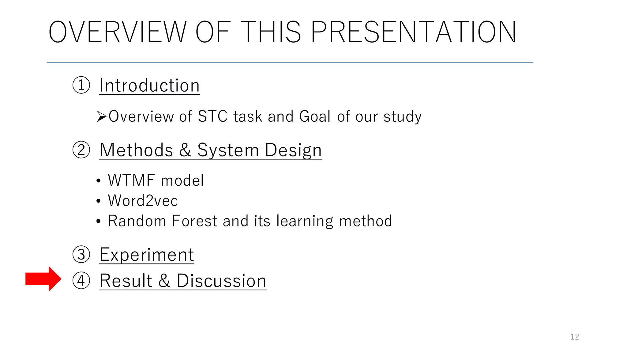 ① Introduction
ØOverview of STC task and Goal of our study
② Methods & System Design
• WTMF model
• Word2vec
• Random Forest and its learning method
③ Experiment
④ Result & Discussion
12
OVERVIEW OF THIS PRESENTATION
 