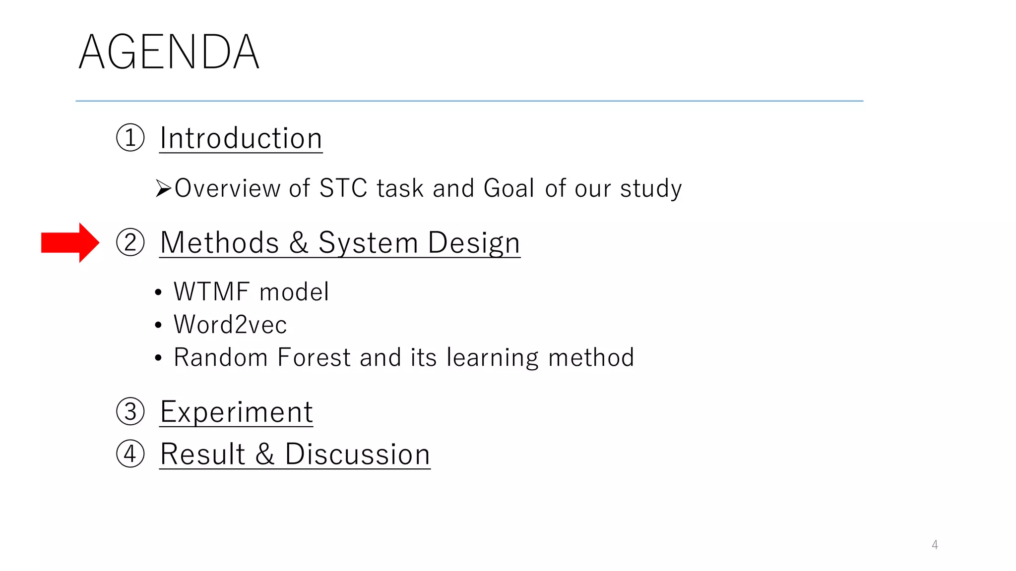 ① Introduction
ØOverview of STC task and Goal of our study
② Methods & System Design
• WTMF model
• Word2vec
• Random Forest and its learning method
③ Experiment
④ Result & Discussion
4
AGENDA
 