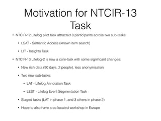 Motivation for NTCIR-13
Task
• NTCIR-12 Lifelog pilot task attracted 8 participants across two sub-tasks
• LSAT - Semantic Access (known item search)
• LIT - Insights Task
• NTCIR-13 Lifelog-2 is now a core-task with some signiﬁcant changes:
• New rich data (90 days, 2 people), less anonymisation
• Two new sub-tasks:
• LAT - Lifelog Annotation Task
• LEST - Lifelog Event Segmentation Task
• Staged tasks (LAT in phase 1, and 3 others in phase 2)
• Hope to also have a co-located workshop in Europe
 