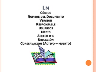 LM
            CÓDIGO
    NOMBRE DEL DOCUMENTO
           VERSIÓN
         RESPONSABLE
           USUARIOS
            MEDIO
          ACCESO R-G
          UBICACIÓN
CONSERVACIÓN (ACTIVO – MUERTO)
 