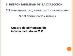 5. RESPONSABILIDAD DE LA DIRECCIÓN

5.5 RESPONSABILIDAD, AUTORIDAD   Y COMUNICACIÓN

         5.5.3 COMUNICACIÓN   INTERNA




   Cuadro de comunicación
   interna incluido en M.C.
 