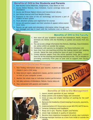 1. Now Access Course Materials, Assignments, Class Notes on line
2. Access Online Notices, Class Schedule, Course coverage status and
attendance
3. Access and Browse Digital Library and Conventional Library.
4. Get Online Internal and Final Results/Grades.
5. Exposure to the state of the art technology and become a part of
modern hi-tech system
6. Track detailed syllabus and registration for courses
7. Access old question papers and their solutions & appear online exams/
mock tests.
8. Parents can get marks and attendance information online through mails
and messages and stay in touch with the institution even at home or
office.
1. Now store all your academic records like Attendance, Marks, Projects,
Seminars etc Online with the flexibility to update and access from any
place.
2. You can access college information like Notices, Meetings, Class Schedules
etc online within on outside the campus.
3. Collaborate with parents to strengthen the Home-Institution Link
4. Save time from non-teaching activities like making reports and keeping
records. Spend the most productive hours of yours in teaching.
5. Create question papers from the online question bank, get a central
store for all the teaching and learning material on line. This is valuable in
providing continuity from year to year and to support new faculty
member.
1. Now finding information about your teacher, students and
classes is just a click away.
2. Daily lecture report, adjustment classes, portion covered is
in front of your computer screen
3. Monitor the whole class or individual student performance
4. Get daily summary of Attendance, Notices, Course status etc
5. Stay connected with parents and students
1. Assure smooth operation at your institute
2. Keeps parents and students happy and connected
3. Gives an easy and simple interface of working for the staff
members
4. Removes the headache of book keeping of accounts, payments,
salaries
5. Implementation of E-Governance as per MCI/PCI/AICTE Norms.
6. Canalize Complains and Feedbacks
7. Keeps all in sync- Teacher, Student and Parents
8. Attain high standards in quality of education
9. Become more responsive transparent & satisfy your customers
10.Manage Multiple Institute at a time from inside or outside the
campus.
 