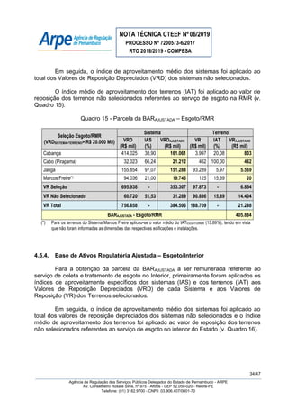 NOTA TÉCNICA CTEEF Nº06/2019
PROCESSO Nº 7200573-6/2017
RTO 2018/2019 - COMPESA
34/47
Agência de Regulação dos Serviços Públicos Delegados do Estado de Pernambuco - ARPE
Av. Conselheiro Rosa e Silva, nº 975 - Aflitos - CEP 52.050-020 - Recife-PE
Telefone: (81) 3182.9700 - CNPJ: 03.906.407/0001-70
Em seguida, o índice de aproveitamento médio dos sistemas foi aplicado ao
total dos Valores de Reposição Depreciados (VRD) dos sistemas não selecionados.
O índice médio de aproveitamento dos terrenos (IAT) foi aplicado ao valor de
reposição dos terrenos não selecionados referentes ao serviço de esgoto na RMR (v.
Quadro 15).
Quadro 15 - Parcela da BARAJUSTADA – Esgoto/RMR
Seleção Esgoto/RMR
(VRDSISTEMA+TERRENO> R$ 20.000 Mil)
Sistema Terreno
VRD
(R$ mil)
IAS
(%)
VRDAJUSTADO
(R$ mil)
VR
(R$ mil)
IAT
(%)
VRAJUSTADO
(R$ mil)
Cabanga 414.025 38,90 161.061 3.997 20,08 803
Cabo (Pirapama) 32.023 66,24 21.212 462 100,00 462
Janga 155.854 97,07 151.288 93.289 5,97 5.569
Marcos Freire(*) 94.036 21,00 19.746 125 15,89 20
VR Seleção 695.938 - 353.307 97.873 - 6.854
VR Não Selecionado 60.720 51,53 31.289 90.836 15,89 14.434
VR Total 756.658 - 384.596 188.709 - 21.288
BARAJUSTADA - Esgoto/RMR 405.884
(*) Para os terrenos do Sistema Marcos Freire aplicou-se o valor médio do IATESGOTO/RMR (15,89%), tendo em vista
que não foram informadas as dimensões das respectivas edificações e instalações.
4.5.4. Base de Ativos Regulatória Ajustada – Esgoto/Interior
Para a obtenção da parcela da BARAJUSTADA a ser remunerada referente ao
serviço de coleta e tratamento de esgoto no Interior, primeiramente foram aplicados os
índices de aproveitamento específicos dos sistemas (IAS) e dos terrenos (IAT) aos
Valores de Reposição Depreciados (VRD) de cada Sistema e aos Valores de
Reposição (VR) dos Terrenos selecionados.
Em seguida, o índice de aproveitamento médio dos sistemas foi aplicado ao
total dos valores de reposição depreciados dos sistemas não selecionados e o índice
médio de aproveitamento dos terrenos foi aplicado ao valor de reposição dos terrenos
não selecionados referentes ao serviço de esgoto no interior do Estado (v. Quadro 16).
 