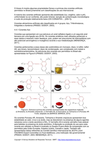 Copyright © Serviço Brasileiro de Respostas Técnicas - SBRT - http://www.respostatecnica.org.br
13
O Anexo A mostra algumas propriedades físicas e químicas dos corantes artificiais
permitidos no Brasil juntamente com classificações de uso internacional.
A maioria dos corantes artificiais apresenta alta estabilidade (luz, oxigênio, calor e pH),
uniformidade na cor conferida, alto poder tintorial, isenção de contaminação microbiológica
e custo de produção relativamente baixo (OS CORANTES..., [200-?]).
Corantes alimentícios artificiais são classificados em 4 grupos: Azo, Trifenilmetanos,
Indigóides e Xantenos (PRADO; GODOY, 2003).
4.4.1 Corantes Azo
Corantes que apresentam em sua estrutura um anel naftaleno ligado a um segundo anel
benzeno por uma ligação azo (N=N). Os corantes sintéticos mais utilizados pertencem a
essa classe e merecem maior destaque, pois, podem ser precursores de intermediários com
alto potencial carcinogênico e mutagênico durante a sua metabolização (MENDONÇA,
2011).
Corantes pertencentes a essa classe são subdivididos em monoazo, diazo, b-naftol, naftol
AS, azo toners, benzoimidazol, diazo de condensação, azo complexado com metais e
isoindolinona/isoindolina. As estruturas dos corantes azo permitidos no Brasil são
apresentadas na Figura 6 (PRADO; GODOY, 2003).
Figura 6 - Estrutura química dos corantes acompanhadas dos respectivos materiais
a) Amaranto, b) Amarelo crepúsculo, c) Vermelho 40, d) Azorrubina, e) Tartrazina e f) Ponceau 4R
Fonte: adaptado de (BARROS; BARROS, 2010)
Os corantes Ponceau 4R, Amaranto, Tartrazina e Amarelo crepúsculo apresentam boa
estabilidade ao calor, à luz e ao ácido, mas se descolorem na presença de alguns agentes
redutores como o ácido ascórbico e SO2. O Vermelho 40 é corante vermelho mais estável
para bebidas na presença do ácido ascórbico. A liberação ou proibição do uso para cada
corante azo utilizado no Brasil é mostrado no Quadro 9 para efeito de comparação com os
permitidos pela União Européia, Estados Unidos, Canadá e Japão. Também são
apresentados dados referentes ao Comitê Científico Internacional da JECFA (Joint
FAO/WHO Expert Committee on Food Addittives), uma instituição não governamental
(PRADO; GODOY, 2003; MENDONÇA, 2011).
 