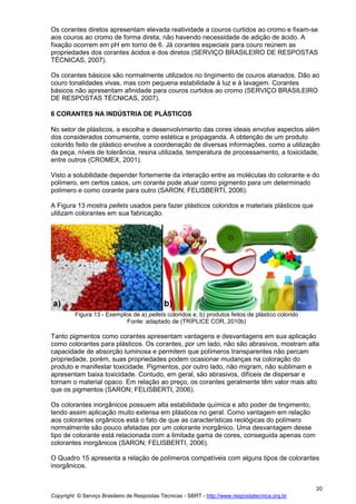 Copyright © Serviço Brasileiro de Respostas Técnicas - SBRT - http://www.respostatecnica.org.br
20
Os corantes diretos apresentam elevada reatividade a couros curtidos ao cromo e fixam-se
aos couros ao cromo de forma direta, não havendo necessidade de adição de ácido. A
fixação ocorrem em pH em torno de 6. Já corantes especiais para couro reúnem as
propriedades dos corantes ácidos e dos diretos (SERVIÇO BRASILEIRO DE RESPOSTAS
TÉCNICAS, 2007).
Os corantes básicos são normalmente utilizados no tingimento de couros atanados. Dão ao
couro tonalidades vivas, mas com pequena estabilidade à luz e à lavagem. Corantes
básicos não apresentam afinidade para couros curtidos ao cromo (SERVIÇO BRASILEIRO
DE RESPOSTAS TÉCNICAS, 2007).
6 CORANTES NA INDÚSTRIA DE PLÁSTICOS
No setor de plásticos, a escolha e desenvolvimento das cores ideais envolve aspectos além
dos considerados comumente, como estética e propaganda. A obtenção de um produto
colorido feito de plástico envolve a coordenação de diversas informações, como a utilização
da peça, níveis de tolerância, resina utilizada, temperatura de processamento, a toxicidade,
entre outros (CROMEX, 2001).
Visto a solubilidade depender fortemente da interação entre as moléculas do colorante e do
polímero, em certos casos, um corante pode atuar como pigmento para um determinado
polímero e como corante para outro (SARON; FELISBERTI, 2006).
A Figura 13 mostra pellets usados para fazer plásticos coloridos e materiais plásticos que
utilizam colorantes em sua fabricação.
Figura 13 - Exemplos de a) pellets coloridos e, b) produtos feitos de plástico colorido
Fonte: adaptado de (TRÍPLICE COR, 2010b)
Tanto pigmentos como corantes apresentam vantagens e desvantagens em sua aplicação
como colorantes para plásticos. Os corantes, por um lado, não são abrasivos, mostram alta
capacidade de absorção luminosa e permitem que polímeros transparentes não percam
propriedade, porém, suas propriedades podem ocasionar mudanças na coloração do
produto e manifestar toxicidade. Pigmentos, por outro lado, não migram, não sublimam e
apresentam baixa toxicidade. Contudo, em geral, são abrasivos, difíceis de dispersar e
tornam o material opaco. Em relação ao preço, os corantes geralmente têm valor mais alto
que os pigmentos (SARON; FELISBERTI, 2006).
Os colorantes inorgânicos possuem alta estabilidade química e alto poder de tingimento,
tendo assim aplicação muito extensa em plásticos no geral. Como vantagem em relação
aos colorantes orgânicos está o fato de que as características reológicas do polímero
normalmente são pouco afetadas por um colorante inorgânico. Uma desvantagem desse
tipo de colorante está relacionada com a limitada gama de cores, conseguida apenas com
colorantes inorgânicos (SARON; FELISBERTI, 2006).
O Quadro 15 apresenta a relação de polímeros compatíveis com alguns tipos de colorantes
inorgânicos.
 