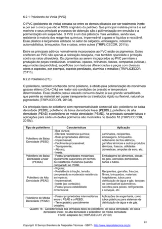 Copyright © Serviço Brasileiro de Respostas Técnicas - SBRT - http://www.respostatecnica.org.br
23
6.2.1 Policloreto de Vinila (PVC)
O PVC (policloreto de vinila) destaca-se entre os demais plásticos por ser totalmente inerte
e por ser o único que não é 100% originário do petróleo. Sua principal matéria-prima é o sal
marinho e seus principais processos de obtenção são a polimerização em emulsão e a
polimerização em suspensão. O PVC é um dos plásticos mais versáteis, sendo leve,
resistente à maioria dos reagentes químicos, impermeável a gases e líquidos e reciclável.
Esse plástico é largamente utilizado no setor de calçados, embalagens, indústria
automobilística, brinquedos, fios e cabos, entre outros (TRIPLICECOR, 2011b).
Entre os principais aditivos normalmente incorporados ao PVC estão os pigmentos. Estes
conferem ao PVC não apenas a coloração desejada, mas também opacidade e proteção
contra os raios ultravioleta. Os pigmentos ao serem incorporados ao PVC permitem a
produção de peças translúcidas, cristalinas, opacas, brilhantes, foscas, compactas (sólidas),
espumadas (expandidas), superfícies com texturas diferenciadas e peças com diversas
cores e aspectos, por exemplo, aspecto perolizado, alumínio e metálico (TRIPLICECOR,
2011b).
6.2.2 Polietileno (PE)
O polietileno, também conhecido como polieteno, é obtido pela polimerização do monômero
gasoso etileno (CH2=CH2) em reator sob condições de pressão e temperatura
determinadas. Esse plástico possui elevado consumo devido à sua grande versatilidade,
que permite ao material ser quase transparente ou translúcido rígido ou flexível, natural ou
pigmentado (TRIPLICECOR, 2010d).
Os principais tipos de polietileno com representatividade comercial são: polietileno de baixa
densidade (PEBD); polietileno de baixa densidade linear (PEBDL); polietileno de alta
densidade (PEAD) e polietileno de média densidade (PEMD). As principais características e
aplicações para cada um destes polímeros são mostradas no Quadro 18 (TRIPLICECOR,
2010d).
Tipo de polietileno Características Aplicação
Polietileno de Baixa
Densidade (PEBD)
- Boa dureza;
- Elevada resistência química;
- Boas propriedades elétricas;
- Impermeável;
- Facilmente processável;
- Transparente;
- Atóxico;
- Inerte.
Laminados, recipientes,
embalagens, brinquedos,
isolamento de fios elétricos,
garrafas térmicas e outros produtos
térmicos, frascos, utilidades
domésticas, ampolas de soro, etc.
Polietileno de Baixa
Densidade Linear
(PEBDL)
- Possui propriedades mecânicas
ligeiramente superiores em termos
de resistência mecânica quando
comparado ao PEBD.
Embalagens de alimentos, bolsas
de gelo, utensílios domésticos,
canos e tubos.
Polietileno de Alta
Densidade (PEAD)
- Rigidez;
- Resistência à tração, tensão,
compressão e moderada resistência
ao impacto;
- Impermeável;
- Inerte (ao conteúdo);
- Possui pouca estabilidade
dimensional.
Recipientes, garrafas, frascos,
filmes, brinquedos, materiais
hospitalares, tubos para
distribuição de água e gás, tanques
de combustível automotivos,
caixotes para peixes, refrigerantes
e cervejas, etc.
Polietileno de Média
Densidade (PEMD)
- Possui propriedades intermediárias
entre o PEAD e o PEBD;
- Termoplástico parcialmente
cristalino.
Aplicações de engenharia, como
tubos plásticos para sistemas de
distribuição de água e de gás.
Quadro 18 - Características dos principais tipos de polietileno: de baixa densidade, de baixa
densidade linear, de alta densidade e polietileno de média densidade
Fonte: adaptado de (TRIPLICECOR, 2010d)
 