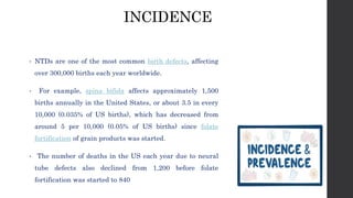 INCIDENCE
• NTDs are one of the most common birth defects, affecting
over 300,000 births each year worldwide.
• For example, spina bifida affects approximately 1,500
births annually in the United States, or about 3.5 in every
10,000 (0.035% of US births), which has decreased from
around 5 per 10,000 (0.05% of US births) since folate
fortification of grain products was started.
• The number of deaths in the US each year due to neural
tube defects also declined from 1,200 before folate
fortification was started to 840
 