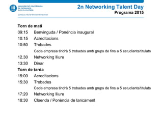 Torn de matí
09:15 Benvinguda / Ponència inaugural
10:15 Acreditacions
10:50 Trobades
Cada empresa tindrà 5 trobades amb grups de fins a 5 estudiants/titulats
12.30 Networking lliure
13:30 Dinar
Torn de tarda
15:00 Acreditacions
15:30 Trobades
Cada empresa tindrà 5 trobades amb grups de fins a 5 estudiants/titulats
17:20 Networking lliure
18:30 Cloenda / Ponència de tancament
2n Networking Talent Day
Programa 2015
 