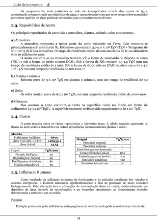 Ciclo de Nitrogênio        #
       Os compostos de azoto existentes no solo são transportados através dos cursos de água,
aumentando a concentração nos depósitos de água, o que pode fazer com que estes sejam sobre-populados
por certas espécies de algas podendo ser nocivo para o ecossistema envolvente.

2.3. Repositórios de Azoto
Os principais repositórios de azoto são a atmosfera, plantas, animais, solos e os oceanos.

a) Atmosfera
       A atmosfera comporta a maior parte do azoto existente na Terra. Este encontra-se
principalmente sob a forma de N2. Estima-se que existam 3.9-4.0 x 109 TgN (TgN = Teragrama de
N = 1012 g de N) na atmosfera. O tempo de residência médio de uma molécula de N2 na atmosfera
é de 10 milhões de anos.
       O Azoto encontra-se na atmosfera também sob a forma de monóxido ou dióxido de azoto
(NOx) e sob a forma de óxido nitroso (N2O). Sob a forma de NOx existem 1.3-1.4 TgN com um
tempo de residência médio de 1 mês. Sob a forma de óxido nitroso (N2O) existem cerca de 1.4 x
10³ TgN com um tempo de residência de 100 anos.[1]

b) Plantas e animais
      Existem cerca de 3 x 104 TgN em plantas e animais, com um tempo de residência de 50
anos.

c) Solos
       Os solos contêm cerca de 9.5 x 104 TgN, com um tempo de residência médio de 2000 anos.

d) Oceanos
      Nos oceanos o azoto encontra-se tanto na superfície como no fundo em forma de
sedimentos (4-5 x 108 TgN) . À superfície encontra-se dissolvido organicamente (2 x 105 TgN).

2.4. Fluxos
        O azoto transita entre os vários repositórios a diferentes taxas. A tabela seguinte apresenta os
fluxos do azoto entre a atmosfera e os outros repositórios (nomeadamente plantas e solos).

Mundo
  Habitantes (milhões)         6600
                                                  Output                         TgN/ano
 Área Terrestre 103 km2      148939.1
                                                      Produtos vegetais             –
      Área Arável              13.13
                                                      Produtos animais              –
Input                       TgN/ano               Emissões gasosas (animais)        –
                                                    Desnitrificação (solos)        12.2
   Fixação biológica          30
                                                   Emissões gasosas (solos)        6.9
 Importações (rações)         40
                                                     Emissões aquáticas            122
 Fertilizantes sintéticos     80
                                                     Emissões industriais           20
  Fixação atmosférica         60

2.5. Influência Humana
       Como resultado da utilização intensiva de fertilizantes e da poluição resultante dos veículos e
centrais energéticas, o Homem aumentou significativamente a taxa de produção de azoto utilizável
biologicamente. Esta alteração leva a alterações da concentração deste nutriente, moderadamente em
depósitos de água (através da eutrofização), e ao excessivo crescimento de determinadas espécies
deteriorando o ambiente que as rodeia.

Poluição

    Poluição provocada pelas influências antropogénicas do ciclo do azoto pode manifestar-se através de:



                                                   11
 