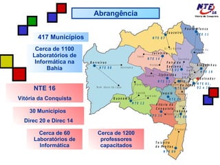 417 Municípios 30 Municípios  Direc 20 e Direc 14 Abrangência NTE 16 Vitória da Conquista Cerca de 1100 Laboratórios de Informática na Bahia Cerca de 60 Laboratórios de Informática Cerca de 1200 professores capacitados 