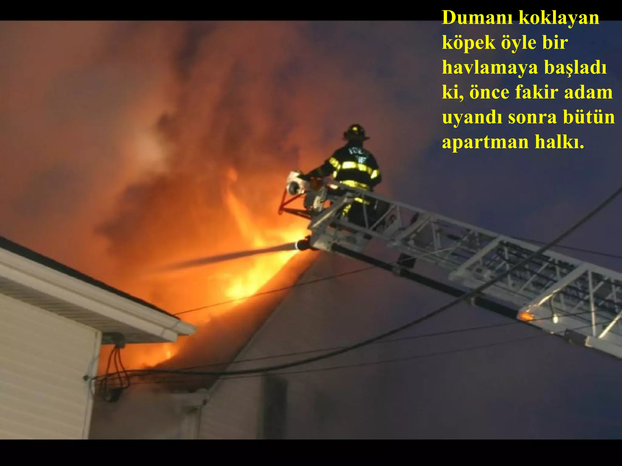 Dumanı koklayan
köpek öyle bir
havlamaya başladı
ki, önce fakir adam
uyandı sonra bütün
apartman halkı.
 