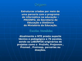 Origem Estruturas criadas por meio de uma parceria com o programa de informática na educação – PROINFO, da Secretaria de Educação a Distância do Ministério da Educação. Escolas Atendidas Atualmente o NTE presta suporte técnico e pedagógico a 76 escolas, sendo os LABINFOS originários de projetos como o  ProInfo, Projovem , Promed , Proinesp, parcerias ou doações. 