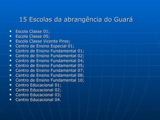 15 Escolas da abrangência do Guará Escola Classe 01;  Escola Classe 05; Escola Classe Vicente Pires; Centro de Ensino Especial 01;  Centro de Ensino Fundamental 01; Centro de Ensino Fundamental 02; Centro de Ensino Fundamental 04; Centro de Ensino Fundamental 05; Centro de Ensino Fundamental 07; Centro de Ensino Fundamental 08; Centro de Ensino Fundamental 10; Centro Educacional 01; Centro Educacional 02; Centro Educacional 03; Centro Educacional 04. 