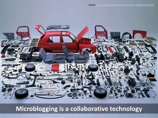 Microblogging is a new form of blogging, with brief text updates of 140 characters, via Web, SMS, email, IM or 3th party applications, which allows RT interactions between users.