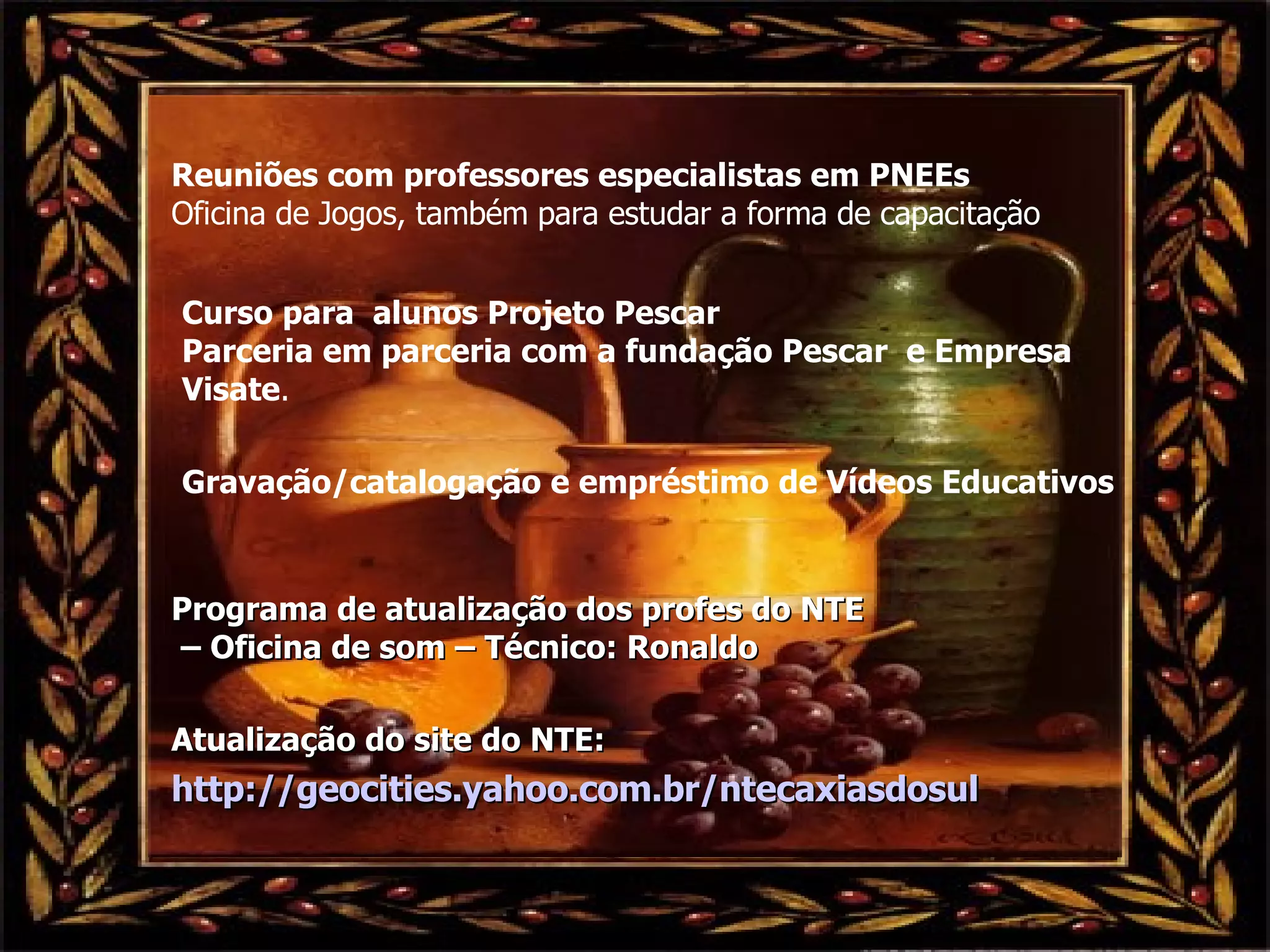 Reuniões com professores especialistas em PNEEs Oficina de Jogos, também para estudar a forma de capacitação Curso para  alunos Projeto Pescar Parceria em parceria com a fundação Pescar  e Empresa Visate . Gravação/catalogação e empréstimo de Vídeos Educativos Programa de atualização dos profes do NTE  – Oficina de som – Técnico: Ronaldo Atualização do site do NTE: http://geocities.yahoo.com.br/ntecaxiasdosul 