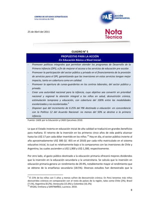25 de Abril del 2011
CUADRO N° 5
PROPUESTAS PARA LA ACCIÓN
-En Educación Básica a Nivel Inicial-
- Promover políticas integrales que permitan atender los programas de Desarrollo de la
Primera Infancia (DPI), a fin de mejorar el acceso a los servicios de educación pre escolar.
- Promover la participación del sector público y privado en el financiamiento de la provisión
de servicios para el DPI, garantizando que las inversiones en estos servicios tengan mejor
impacto, tanto en cobertura como en calidad.
- Promover la apertura de cunas-guarderías en los centros laborales, del sector público y
privado.
- Crear una autoridad nacional para la infancia, cuyo objetivo sea convertir en prioridad
nacional y regional la atención integral a los niños en salud, desnutrición crónica,
estimulación temprana y educación, con cobertura del 100% entre las modalidades
escolarizadas y no escolarizadas.9
- Disponer que del incremento de 0.25% del PBI destinado a educación -en concordancia
con la Política 12 del Acuerdo Nacional- no menos del 50% se destine a la primera
infancia.
Fuente: CADE por la Educación y CADE Ejecutivos 2010.
Lo que el Estado invierta en educación inicial de alta calidad se traducirá en grandes beneficios
para mañana. El retorno de la inversión en los primeros cinco años de vida podría alcanzar
hasta los US$ 17 por cada dólar invertido en los niños.10 Hoy en día, el sector público invierte al
año aproximadamente US$ 300 (S/. 855 en el 2010) por cada niño matriculado en el sistema
educativo inicial, lo cual es relativamente bajo si lo comparamos con las inversiones de Chile y
Argentina, las cuales ascienden a US$ 1,900 y US$ 1,300, respectivamente.
Por otro lado, el gasto público destinado a la educación primaria ofrecerá mejores dividendos
que la inversión en la educación secundaria y la universitaria. Se calcula que la inversión en
educación primaria genera un rendimiento de 20.4%, notablemente mayor al rendimiento que
se obtiene de la enseñanza secundaria (18.5%). Diversos estudios han demostrado que la
9
El 23% de los niños con 5 años y menos sufren de desnutrición crónica. En Perú tenemos más niños
desnutridos crónicos en comparación con el resto de países de la región, tales como Chile (2%), Brasil
(7.1%), Argentina (8.2%), Venezuela (15.6%) y Colombia (16.2%).
10
VEGAS, Emiliana y SANTIBAÑEZ, Lucrecia. 2010.
8