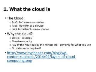 • The	Cloud:
o SaaS:	Software	as	a	service
o PaaS:	Platform	as	a	service
o IaaS:	Infrastructure	as	a	service
• Why	the	cloud?
o Elastic – it	scales
o Massive	capacity
o Pay	by	the	hour,	pay	by	the	minute	etc – pay	only	for	what	you	use
o No	datacenter	required!
• http://www.hyphenet.com/blog/wp-
content/uploads/2014/04/layers-of-cloud-
computing.png
1. What the cloud is
 
