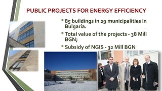 PUBLIC PROJECTS FOR ENERGY EFFICIENCY
•85 buildings in 29 municipalities in
Bulgaria.
•Total value of the projects - 38 Mill
BGN;
•Subsidy of NGIS - 32 Mill BGN
 