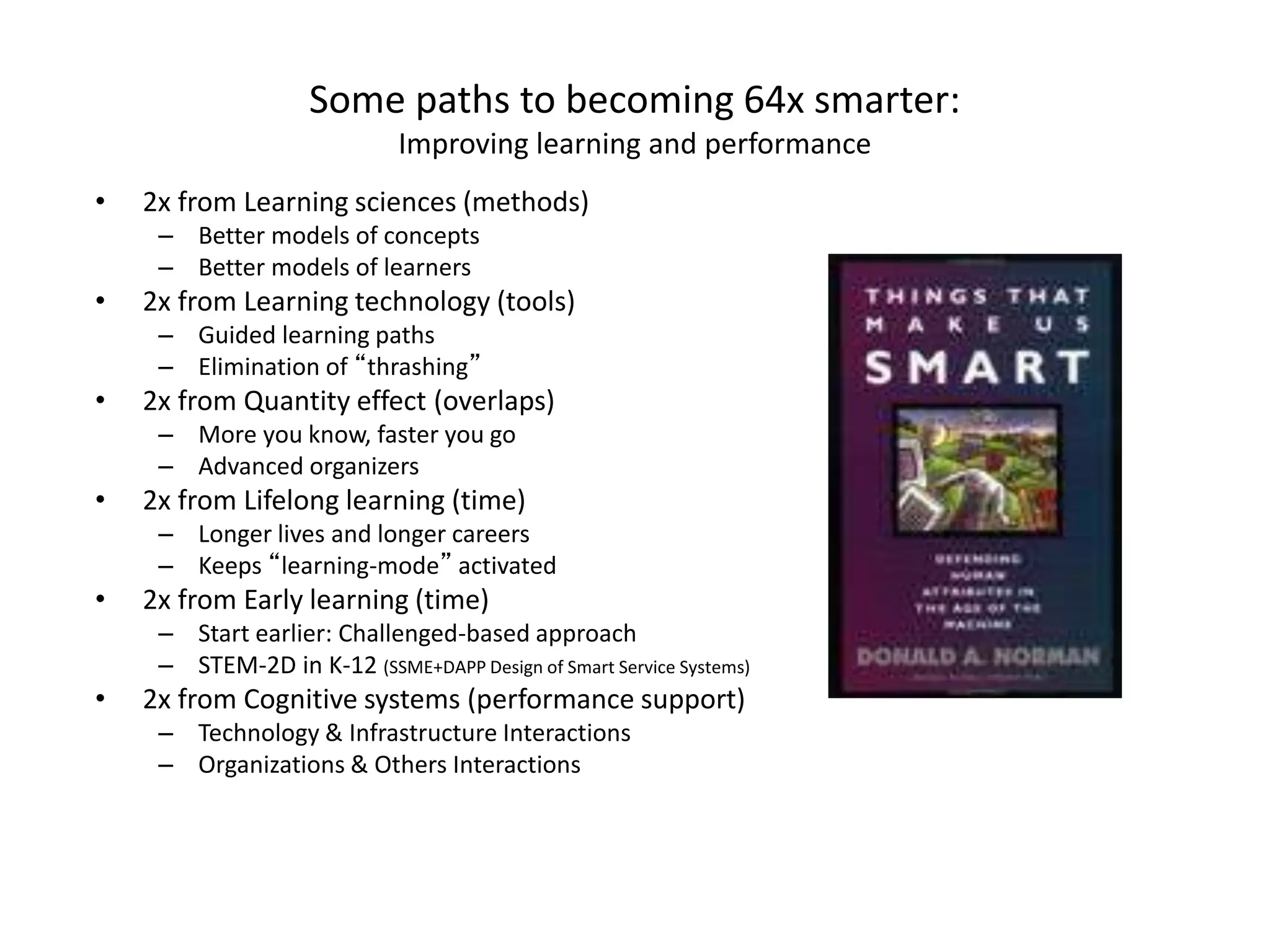 Some paths to becoming 64x smarter:
Improving learning and performance
• 2x from Learning sciences (methods)
– Better models of concepts
– Better models of learners
• 2x from Learning technology (tools)
– Guided learning paths
– Elimination of “thrashing”
• 2x from Quantity effect (overlaps)
– More you know, faster you go
– Advanced organizers
• 2x from Lifelong learning (time)
– Longer lives and longer careers
– Keeps “learning-mode” activated
• 2x from Early learning (time)
– Start earlier: Challenged-based approach
– STEM-2D in K-12 (SSME+DAPP Design of Smart Service Systems)
• 2x from Cognitive systems (performance support)
– Technology & Infrastructure Interactions
– Organizations & Others Interactions
 