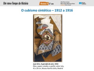 Juan Gris, A garrafa de anis, 1914
Óleo, papeis colados e grafite sobre tela,
41 x 24 cm, Museu Rainha Sofia, Madrid
O cubismo sintético – 1912 a 1916
 