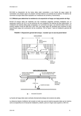 NTE INEN 3131 2019-06
2019-150 10
5.1.1.3.3 La disposición de los tubos debe estar conectada a una fuente de agua capaz de
suministrar una presión igual a la presión nominal máxima a la entrada de la tubería. El sistema de
suministro de agua debe estar equipado con medidores de corriente y manómetros.
5.1.2 Método para determinar la resistencia a la exposición al fuego con baja presión de flujo
5.1.2.1 El ensayo debe ser realizado con dos rociadores colgantes cerrados instalados con un
espaciado máximo de 4,6 m en los extremos de una instalación de tuberías de flujo balanceado. La
instalación de tuberías debe estar conectada a un suministro de agua. Las tuberías deben tener una
presión estática inicial de 689 kPa a 827 kPa, que luego debe ser ajustada para mantener el flujo
especificado luego de la activación de los rociadores. Ver la Figura 1 para la instalación general del
ensayo.
FIGURA 1. Disposición general del ensayo - rociador que no sea de pared lateral
La fuente de fuego debe estar centrada directamente debajo de la tubería de salida.
La distancia desde el deflector del rociador al cielo raso para la tubería expuesta debe ser la máxima
como se especifica en el manual de instalación y diseño, pero en ningún caso superior a 305 mm.
 