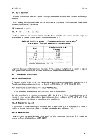 NTE INEN 3131 2019-06
2019-150 4
4.1.3 Tipos de unión
Los tubos y accesorios de CPVC deben unirse por cementado solvente. Los tubos no son del tipo
roscable.
Los accesorios roscados destinados para la transición a tuberías de otros materiales deben tener
roscas compatibles con los mismos.
4.2 Requisitos de tubos
4.2.1 Presión nominal de los tubos
Los tubos utilizados en sistemas contra incendio deben soportar una presión máxima según se
establece en la Tabla 1, cuando están a una temperatura de 23 °C.
TABLA 1. Presión de agua a 23 °C para tubos plásticos no roscados
a
(CPVC 4120)
b
utilizados en sistemas contra incendio
RDE
Presión nominal (PN)
kPa, a 23 °C
11,0 2 760
13,5 2 170
17,0 1 720
21,0 1 380
a)
Estos rangos de presión no se aplican a tubos roscados.
b)
Tipo IV, Grado 1 (23447), con un diseño hidrostático de 13,80 MPa
[2000 psi] designado como CPVC 4120.
La presión de agua para temperaturas mayores a 23 °C, se calcula multiplicando la presión de agua a
23 °C por el factor de reducción. El factor de reducción está establecido en el Anexo A.
4.2.2 Dimensiones de los tubos
4.2.2.1 Diámetro exterior
El diámetro exterior de los tubos y sus tolerancias deben cumplir con los requisitos establecidos en la
Tabla 2, cuando se ensayen conforme a lo descrito en NTE INEN 499 o NTE INEN-ISO 3126.
Para determinar el ovalamiento se debe utilizar ASTM D2122.
NOTA. La tolerancia de ovalamiento se aplica solo en tubos antes del almacenamiento.
Se debe acondicionar la muestra a ensayarse a 23 °C ± 2 °C y 50 % de humedad relativa por lo
menos 40 horas previas a la medición. Las mediciones deben realizarse a 23°C ± 2°C y 50 % de
humedad relativa, a menos que se especifique otras condiciones.
4.2.2.2 Espesor de la pared
El espesor de la pared del tubo y su tolerancia debe cumplir con lo que se establece en la Tabla 2,
cuando se ensaye conforme a lo descrito en NTE INEN 499 o NTE INEN-ISO 3126.
4.2.2.3 Excentricidad
La excentricidad (rango del espesor de la pared) del tubo debe estar dentro del 12 % cuando se
ensaye conforme a lo descrito en ASTM D2122.
 