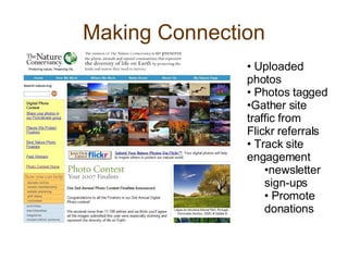 Making Connection Uploaded photos Photos tagged Gather site traffic from Flickr referrals Track site engagement newsletter sign-ups Promote donations 