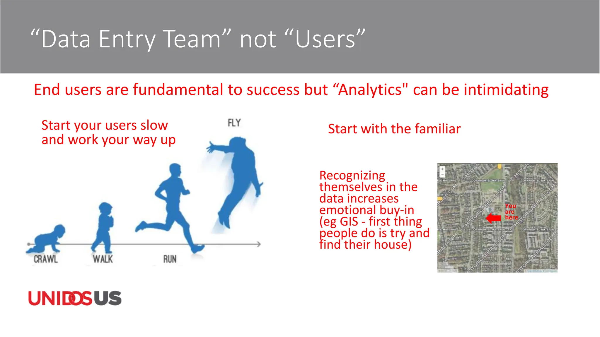 “Data Entry Team” not “Users”
End users are fundamental to success but “Analytics" can be intimidating
Start your users slow
and work your way up
You
are
here
Start with the familiar
Recognizing
themselves in the
data increases
emotional buy-in
(eg GIS - first thing
people do is try and
find their house)
 