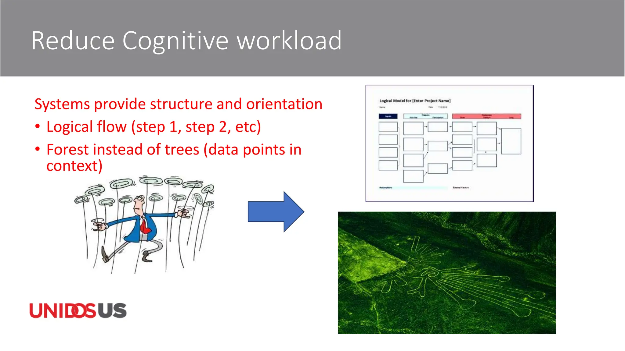 Reduce Cognitive workload
Systems provide structure and orientation
• Logical flow (step 1, step 2, etc)
• Forest instead of trees (data points in
context)
 