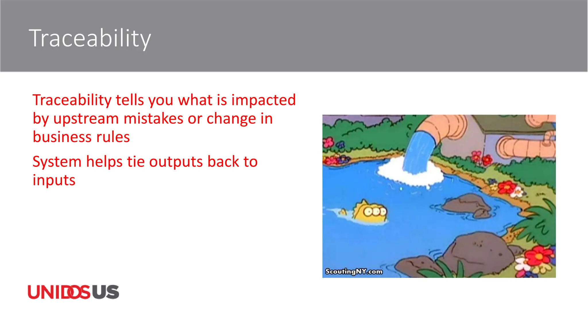 Traceability
Traceability tells you what is impacted
by upstream mistakes or change in
business rules
System helps tie outputs back to
inputs
 