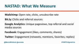 NASTAD: What We Measure
Mailchimp: Open rate, clicks, unsubscribe rate
Bit.ly: Clicks and referral sources
Google Analytic...
