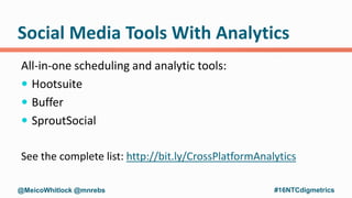 Social Media Tools With Analytics
All-in-one scheduling and analytic tools:
 Hootsuite
 Buffer
 SproutSocial
See the co...