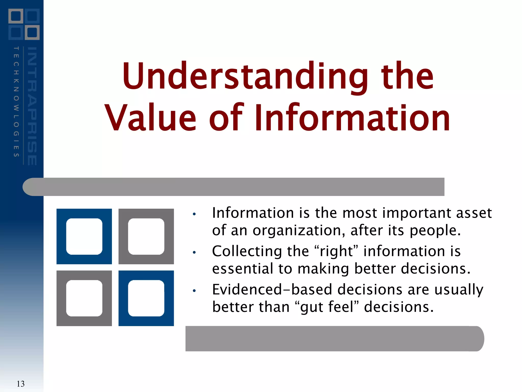 • Information is the most important asset
of an organization, after its people.
• Collecting the “right” information is
essential to making better decisions.
• Evidenced-based decisions are usually
better than “gut feel” decisions.
Understanding the
Value of Information
13
 