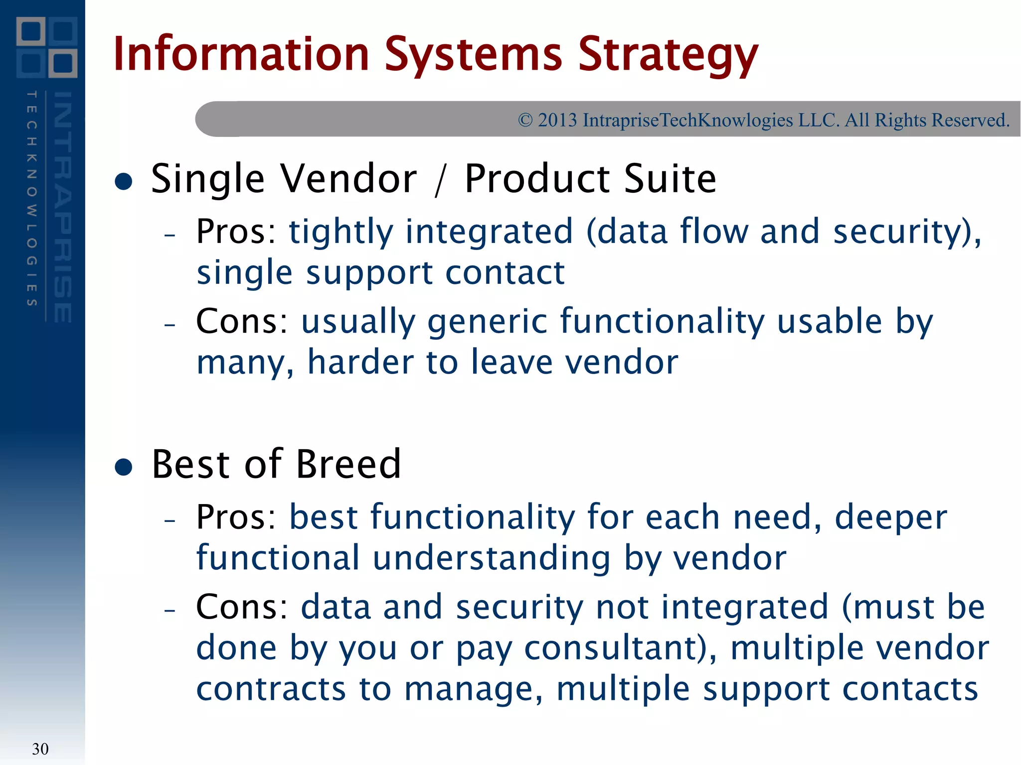 Information Systems Strategy
 Single Vendor / Product Suite
– Pros: tightly integrated (data flow and security),
single support contact
– Cons: usually generic functionality usable by
many, harder to leave vendor
 Best of Breed
– Pros: best functionality for each need, deeper
functional understanding by vendor
– Cons: data and security not integrated (must be
done by you or pay consultant), multiple vendor
contracts to manage, multiple support contacts
30
© 2013 IntrapriseTechKnowlogies LLC. All Rights Reserved.
 