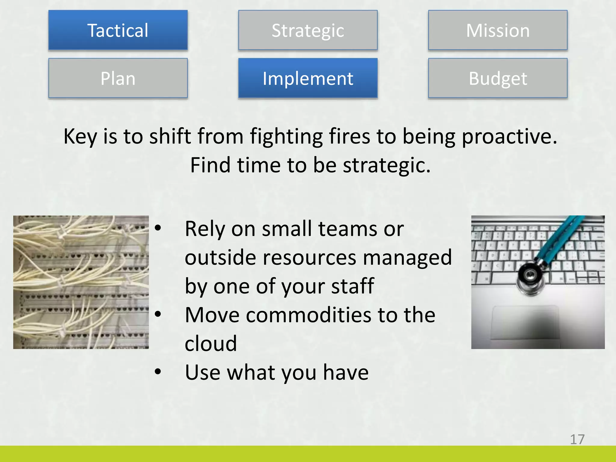 • Rely on small teams or
outside resources managed
by one of your staff
• Move commodities to the
cloud
• Use what you have
Plan Implement Budget
Key is to shift from fighting fires to being proactive.
Find time to be strategic.
17
Tactical Strategic Mission
 