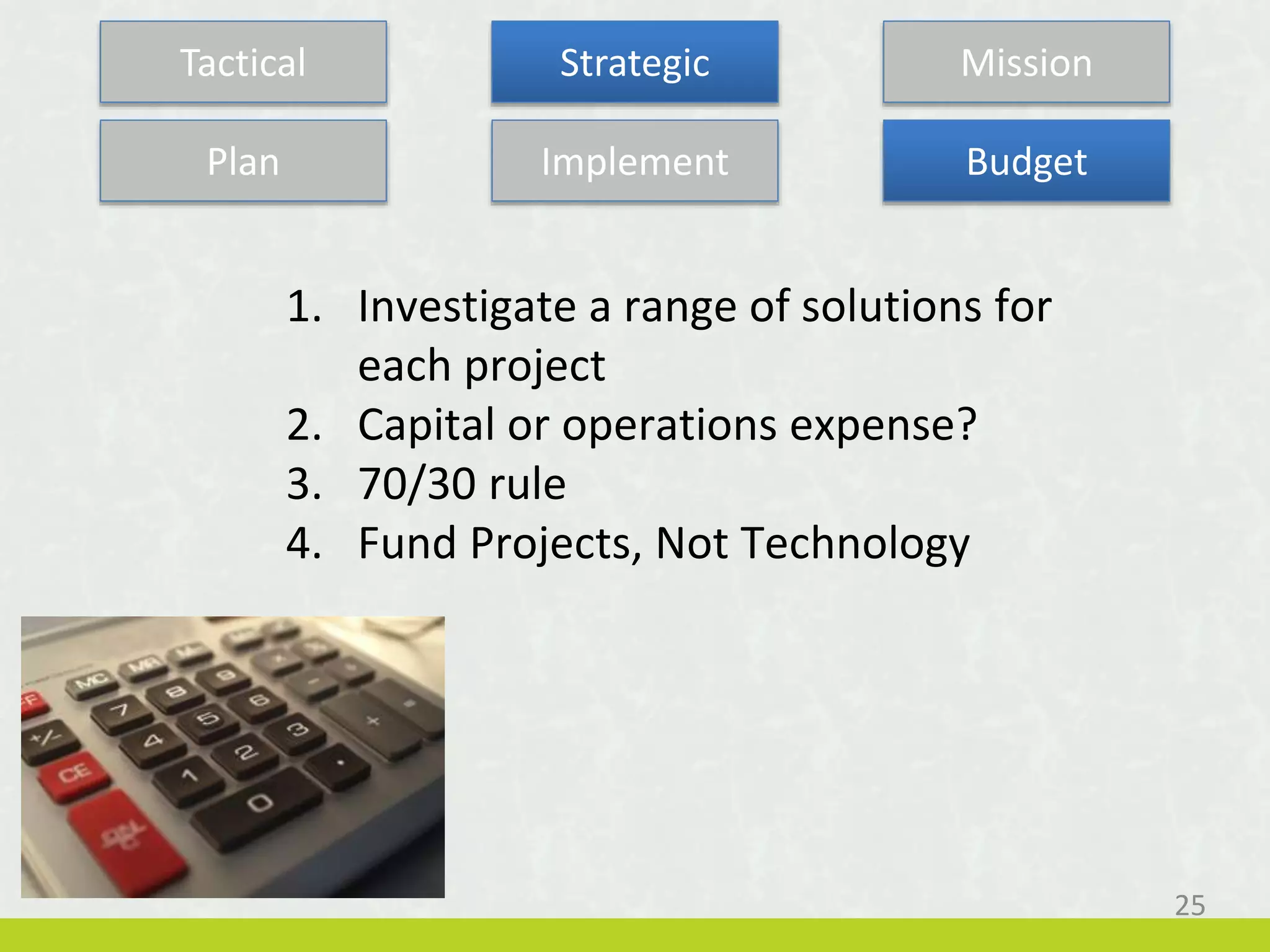 1. Investigate a range of solutions for
each project
2. Capital or operations expense?
3. 70/30 rule
4. Fund Projects, Not Technology
Plan Implement Budget
25
Tactical Strategic Mission
 