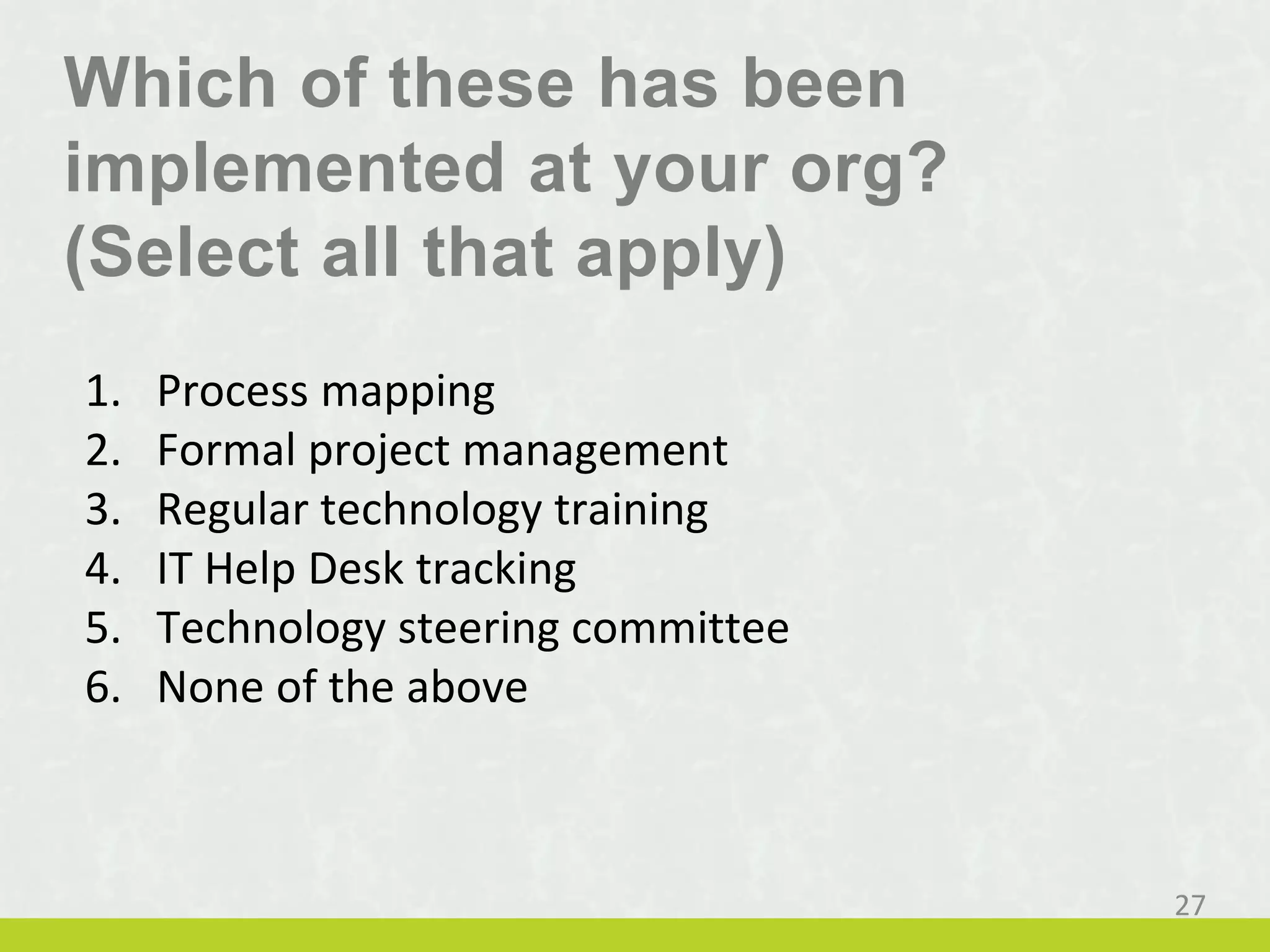 Which of these has been
implemented at your org?
(Select all that apply)
1. Process mapping
2. Formal project management
3. Regular technology training
4. IT Help Desk tracking
5. Technology steering committee
6. None of the above
27
 
