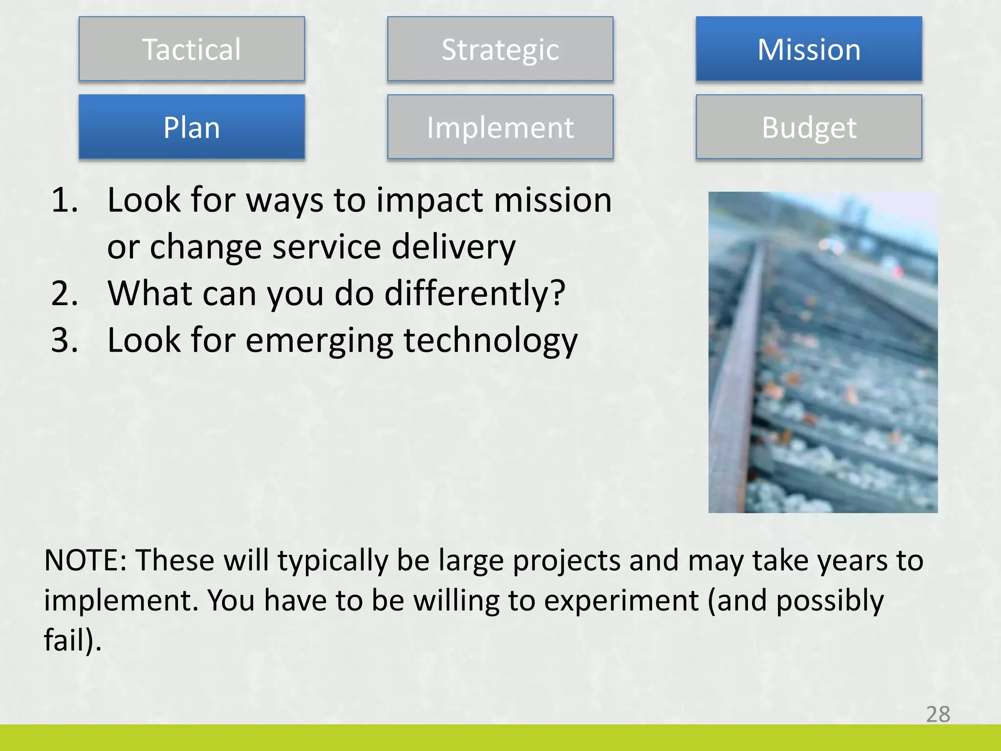 1. Look for ways to impact mission
or change service delivery
2. What can you do differently?
3. Look for emerging technology
NOTE: These will typically be large projects and may take years to
implement. You have to be willing to experiment (and possibly
fail).
Tactical Strategic Mission
Plan Implement Budget
28
 