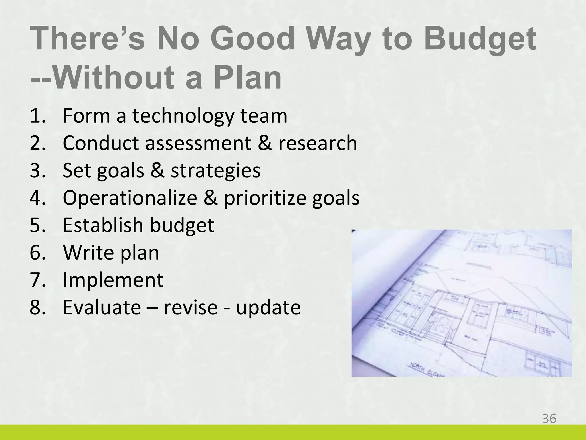 There’s No Good Way to Budget
--Without a Plan
1. Form a technology team
2. Conduct assessment & research
3. Set goals & strategies
4. Operationalize & prioritize goals
5. Establish budget
6. Write plan
7. Implement
8. Evaluate – revise - update
36
 