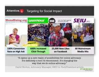 Targeting for Social Impact
"It opens up a new realm of possibilities for online advocacy. !
It's deﬁnitely a tool I'd recommend. It's changing the !
way that we do online advocacy.”
David Norton, Advocacy Manager, SEIU in TechPresident article
 