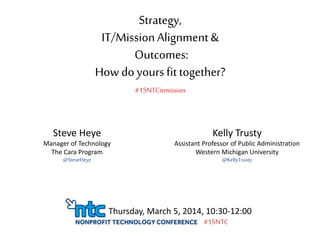 Strategy,
IT/MissionAlignment &
Outcomes:
How doyours fittogether?
#15NTCitmission
Thursday, March 5, 2014, 10:30-12:00
#15NTC
Steve Heye
Manager of Technology
The Cara Program
@SteveHeye
Kelly Trusty
Assistant Professor of Public Administration
Western Michigan University
@KellyTrusty
 