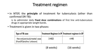 Treatment regimen
• In NTEP, the principle of treatment for tuberculosis (other than
confirmed DR-TB):
is to administer daily Fixed dose combinations of first line anti-tuberculosis
drugs in appropriate weight bands.
• Treatment is given in two phases:
(8 weeks) (16 weeks)
 