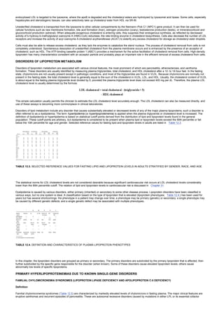 endocytosed LDL is targeted to the lysosome, where the apoB is degraded and the cholesteryl esters are hydrolyzed by lysosomal acid lipase. Some cells, especially
hepatocytes and steroidogenic tissues, can also selectively take up cholesteryl ester from HDL via SR-BI.
Unesterified cholesterol is transported from the lysosome to other cellular compartments by the Niemann–Pick C1 (NPC1) gene product. It can then be used for
cellular functions such as new membrane formation, bile acid formation (liver), estrogen production (ovary), testosterone production (testis), or mineralocorticoid and
glucocorticoid production (adrenal). When adequate exogenous cholesterol is entering cells, they suppress their endogenous synthesis, as reflected by decreased
activity of b-hydroxy-b-methylglutaryl coenzyme A (HMG-CoA) reductase, the rate-limiting enzyme in cholesterol biosynthesis. Cells also decrease the number of LDL
receptors and increase the activity of acyl coenzyme A:cholesterol acyltransferase (ACAT) to esterify any excess cholesterol for storage as cholesteryl ester droplets.
Cells must also be able to release excess cholesterol, as they lack the enzymes to catabolize the sterol nucleus. The process of cholesterol removal from cells is not
completely understood. Spontaneous desorption of unesterified cholesterol from the plasma membrane occurs and is enhanced by the presence of an acceptor of
cholesterol, such as HDL. The ATP-binding cassette protein 1 (ABC1) provides a mechanism for the active facilitation of cholesterol removal from cells. High-density
lipoprotein has many characteristics consistent with an acceptor particle and probably plays an important role in the efficient removal of excess cholesterol from cells.
DISORDERS OF LIPOPROTEIN METABOLISM
Disorders of lipoprotein metabolism are associated with various clinical features, the most prominent of which are pancreatitis, atherosclerosis, and xanthoma
formation. These disorders are usually identified by measuring plasma triglycerides, total cholesterol, and HDL cholesterol after a 12- to 14-hour fast. In the fasting
state, chylomicrons are not usually present except in pathologic conditions, and most of the triglycerides are found in VLDL. Because chylomicrons are normally not
present in the fasting state, the total cholesterol level is generally equal to the sum of the cholesterol in VLDL, LDL, and HDL. Usually, the cholesterol content of VLDL
is about equal to the fasting plasma triglyceride level divided by 5, provided the plasma triglyceride level does not exceed 400 mg per dL. Therefore, the plasma LDL
cholesterol level is usually determined by the formula:
This simple calculation usually permits the clinician to estimate the LDL cholesterol level accurately enough. The LDL cholesterol can also be measured directly, and
use of these assays is becoming more commonplace in clinical laboratories.
Disorders of lipid metabolism include any disorder that causes substantially elevated or decreased levels of any of the major plasma lipoproteins; such a disorder is
often referred to as a dyslipidemia. The term hyperlipidemia (or hyperlipoproteinemia) is applied when the plasma triglyceride or cholesterol level is increased. The
definition of dyslipidemia or hyperlipidemia is based on statistical cutoff points derived from the distribution of lipid and lipoprotein levels found in the general
population. These cutoff points are arbitrary, but dyslipidemia is considered to be present when plasma lipid or lipoprotein levels exceed the 90th percentile or fall
below the 10th percentile for age and gender. Selected reference values for fasting lipid and lipoprotein levels in adults are listed in Table 12.3.
TABLE 12.3. SELECTED REFERENCE VALUES FOR FASTING LIPID AND LIPOPROTEIN LEVELS IN ADULTS STRATIFIED BY GENDER, RACE, AND AGE
The statistical norms for LDL cholesterol levels are not considered desirable because significant cardiovascular risk occurs at LDL cholesterol levels considerably
lower than the 90th percentile cutoff. The relation of lipid and lipoprotein levels to cardiovascular risk is discussed in Chapter 31.
Dyslipidemia is caused by various disorders, either primary (inherited) or secondary to some other disease process. Lipoprotein disorders have been classified in
various ways, but no one system is ideal. A classification based on the type of lipoprotein that is elevated (lipoprotein phenotypes; Table 12.4.) has been used for
years but has several shortcomings: the phenotype in a patient may change over time; a phenotype may be primary (genetic) or secondary; a single phenotype may
be caused by different genetic defects; and a single genetic defect may be associated with multiple phenotypes.
TABLE 12.4. DEFINITION AND CHARACTERISTICS OF PLASMA LIPOPROTEIN PHENOTYPES
In this chapter, the lipoprotein disorders are grouped as primary or secondary. The primary disorders are subdivided by the primary lipoprotein that is affected, then
further subdivided by the specific gene responsible for the disorder (when known). Some of these disorders cause elevated lipoprotein levels; others cause
abnormally low levels of specific lipoproteins.
PRIMARY HYPERLIPOPROTEINEMIAS DUE TO KNOWN SINGLE-GENE DISORDERS
FAMILIAL CHYLOMICRONEMIA SYNDROMES (LIPOPROTEIN LIPASE DEFICIENCY AND APOLIPOPROTEIN C-II DEFICIENCY)
Definition
Familial chylomicronemia syndromes (Table 12.5) are characterized by markedly elevated levels of chylomicrons in fasting plasma. The major clinical features are
eruptive xanthomas and recurrent episodes of pancreatitis. These are autosomal recessive disorders caused by mutations in either LPL or its essential cofactor
 
