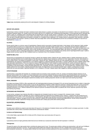 TABLE 12.6. DISORDERS ASSOCIATED WITH SECONDARY FORMS OF HYPERLIPIDEMIA
DIETARY INFLUENCES
Epidemiologic evidence indicates that higher cholesterol levels relate directly to a greater consumption of saturated fat and cholesterol. Diets rich in saturated fat and
cholesterol suppress hepatic LDL receptor activity and thereby raise the LDL cholesterol level. Substituting polyunsaturated or monounsaturated fats for saturated fats
results in lower LDL cholesterol levels. Decreasing total and saturated fat in the diet usually results in a decrease in HDL cholesterol levels as well. Another dietary
factor contributing to hyperlipidemia is excess calorie consumption, which promotes increased VLDL production by the liver, both directly and as a result of obesity.
This may lead to elevated triglycerides and possibly to elevated LDL cholesterol levels, especially if LDL receptor activity is suppressed. Diets restricted in saturated
fats and cholesterol and reduced in calories to maintain ideal body weight often correct mild hyperlipidemia and form the cornerstone of therapy for most forms of
hyperlipidemia (Chapter 31).
ALCOHOL
Excess alcohol intake is a common cause of hyperlipidemia. Regular alcohol consumption increases lipid levels in most people, but the response is highly variable.
The greatest effects of alcohol are on triglyceride levels. Alcohol consumption stimulates hepatic secretion of VLDL, presumably because hepatic metabolism of
ethanol by alcohol dehydrogenase increases levels of nicotinamide adenine dinucleotide, which inhibits oxidation of free fatty acids. The excess free fatty acids in the
liver may be used for synthesis of triglyceride, which is then secreted as part of VLDL. The usual lipoprotein pattern with alcohol consumption is type IV (increased
VLDL), but persons with an underlying predisposition to defective clearance of triglyceride-rich lipoproteins may develop severe hypertriglyceridemia (type V pattern).
Regular alcohol use also raises the HDL cholesterol level by a mechanism that is not completely understood.
DIABETES MELLITUS
Several forms of hyperlipidemia are recognized clinically in patients with diabetes mellitus. Patients with type I diabetes mellitus in diabetic ketoacidosis may have
severe hypertriglyceridemia due to excess release of free fatty acids from adipose tissue, followed by conversion to VLDL triglycerides in the liver. Administration of
insulin usually results in the gradual normalization of lipid levels. Patients with type I diabetes mellitus who are under adequate glycemic control do not usually have
hyperlipidemia; the presence of hyperlipidemia in such patients suggests an underlying lipoprotein abnormality. In contrast, patients with type II diabetes mellitus often
have associated hyperlipidemia. There are at least two causes of the hyperlipidemia: insulin resistance causes decreased LPL activity and reduced capacity to
catabolize chylomicrons and VLDL; insulin resistance and obesity itself may stimulate excess VLDL production. Many patients with type II diabetes mellitus have a
constellation of lipid abnormalities, including elevated triglyceride (VLDL, lipoprotein remnants), elevated dense LDL, and decreased HDL cholesterol levels. In some
diabetic patients who have another underlying lipoprotein abnormality, the triglycerides can be extremely elevated (type V pattern), predisposing to eruptive
xanthomas and acute pancreatitis. Significant elevation of LDL cholesterol in the type II diabetic patient often suggests an additional lipoprotein abnormality.
HYPOTHYROIDISM
Hypothyroidism is associated with elevated LDL cholesterol levels due primarily to down-regulation of the LDL receptor and therefore delayed clearance of LDL.
Because hypothyroidism can be subtle in its clinical presentation and is eminently treatable, all patients presenting with hypercholesterolemia due to elevated LDL
should be screened to rule out hypothyroidism. Thyroid replacement therapy usually results in resolution of the hypercholesterolemia. Hypothyroid patients who
remain hypercholesterolemic after adequate replacement probably have an underlying lipoprotein disorder and might require lipid-lowering drug therapy.
RENAL DISEASES
End-stage renal disease (ESRD) is often associated with mild hypertriglyceridemia because of increased VLDL and remnant lipoproteins due to a defect in triglyceride
lipolysis and remnant clearance. Plasma levels of Lp(a) are also significantly increased in ESRD. Nephrotic syndrome is always associated with a more pronounced
hyperlipoproteinemia involving both elevated triglyceride and cholesterol levels. The mechanism appears to be hepatic overproduction of VLDL with subsequent
increased production of LDL. Effective treatment of the nephrotic syndrome normalizes the lipid profile, but patients with chronic nephrotic syndrome may require
lipid-lowering drug therapy.
ESTROGENS AND PROGESTINS
In most women, estrogens have relatively little effect on triglyceride and cholesterol levels but result in increased HDL cholesterol levels. In familial
dysbetalipoproteinemia (type III), estrogens can result in significant lowering of triglyceride and cholesterol levels. However, in patients with other familial forms of
hyperlipidemia, such as FCHL, FHTG, and familial type V hyperlipidemia, estrogens may markedly exacerbate the hypertriglyceridemia, predisposing the patient to
acute pancreatitis. Therefore, estrogens should be used cautiously in patients with familial disorders causing hypertriglyceridemia. Women being considered for
postmenopausal estrogen replacement therapy should be screened with a fasting lipid profile before starting therapy.
ELEVATED LIPOPROTEIN(A)
Definition
Elevated Lp(a) is defined as a plasma Lp(a) level above 30 mg per dL in the absence of metabolic factors (such as ESRD) known to increase Lp(a) levels. It is often
associated with a family history of premature atherosclerotic cardiovascular disease.
Incidence and Epidemiology
In the United States, approximately 20% of whites and 50% of blacks have Lp(a) levels above 30 mg per dL.
Etiologic Factors
Lipoprotein(a) levels are highly genetically determined and are inherited as an autosomal codominant trait with expression in childhood.
Pathogenesis
The gene for apo(a) is the major genetic factor controlling the plasma level of Lp(a). The apo(a) gene exhibits a striking size polymorphism, with well over 30 different
apo(a) phenotypes described in humans. The apo(a) gene directly affects the production rate of apo(a) by the liver, probably both by transcriptional and
post-translational mechanisms. The apo(a) alleles inherited from both parents contribute additively to the Lp(a) concentration in the plasma. Lipoprotein(a) levels
 