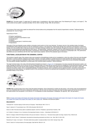 FIGURE 14.7. The limbic system. S, septal area; PO, preoptic area; H, hypothalamus; LMA, limbic midbrain area. (From Niewenhuys R, Voogd J, van Huijzen C. The
human central nervous system: a synopsis and atlas, third ed. Berlin: Springer-Verlag, 1988, with permission.)
The functions of the human limbic system are deduced from clinical studies and by extrapolation from the results of experiments in animals. Traditional teaching
emphasizes the “circuit of Papez”:
Hippocampus ® fornix
® Posterior hypothalamus
® Anterior and lateral-dorsal thalamic nuclei
® Cingulate gyrus
® Cingulum
® Parahippocampal gyrus (= entorhinal cortex)
® Hippocampus
Interruption of this loop bilaterally causes inability to remember recent events or to form new memories. The lesions may be in the mamillary bodies, the thalami
(mamillothalamic fibers passing through and near the mediodorsal nucleus), or the hippocampi. Hippocampal damage may contribute to the dementia in Alzheimer's
disease, but in this condition there is also loss of neurons in the basal cholinergic forebrain nuclei and, eventually, throughout the neocortex. Defective memory is only
one of the mental derangements associated with limbic lesions. The dopaminergic “mesolimbic” projection from the ventral tegmental area of the midbrain to the limbic
structures of the forebrain may function abnormally in schizophrenia. Some thymoleptic drugs block the action of dopamine on postsynaptic cells. Their parkinsonian
side effects are due to interference with the other major dopaminergic projection, that from the substantia nigra to the striatum.
FUNCTIONAL LOCALIZATION IN THE CEREBRAL CORTEX
The functions of specific areas of the cerebral cortex were revealed by clinicopathologic studies and by investigations in which the surface of the brain was stimulated
electrically in conscious patients undergoing neurosurgery. Recently, it has been possible to correlate physical and mental activities with regional changes in blood
flow and in oxygen and glucose metabolism. Many of the functional areas defined by these methods correspond to regions that can also be identified histologically.
The most popular histologic classification of cortical areas is the numerical system proposed in 1909 by Brodmann.
The major functional areas in the cortex of the left cerebral hemisphere are shown in Figure 14.8. In most persons, the areas concerned with perceived, spoken, and
written language are present only on the left, and the corresponding areas on the right side are concerned with the management of three-dimensional space, including
awareness of parts of the body and the tactile recognition of shapes and textures. The cerebral cortex deals with the contralateral side of the body or visual field,
except for the auditory system, which is represented bilaterally, the olfactory projection, which is ipsilateral, and the cognitive functions. Symmetric cortical areas are
connected by the corpus callosum. An important function of this commissure is to permit the sharing by both hemispheres of sensory and other data received or
processed initially on only one side.
FIGURE 14.8. Functional areas of the cortex of the left cerebral hemisphere. Some of Brodmann's numbers are also shown. In the primary motor and somatosensory
area, the contralateral half of the body is represented upside-down, with the mouth and head at the lower end (near the lateral sulcus) and the foot and perineum on
the medial surface of the hemisphere. (From Kiernan JA. An introduction to human neuroscience. Philadelphia: JB Lippincott, 1987, with permission.)
Refer to Chapter 432,Chapter 433,Chapter 434,Chapter 435,Chapter 436,Chapter 437,Chapter 438,Chapter 439,Chapter 440,Chapter 441,Chapter 442,Chapter
443,Chapter 444,Chapter 445,Chapter 446,Chapter 447 and Chapter 448, “Disorders of the Nervous System.”
BIBLIOGRAPHY
Frackowiak RSF. Functional mapping of verbal memory and language. Trends Neurosci 1994;17:109–115
Hoge CJ, Apkarian AV. The spinothalamic tract. CRC Crit Rev Neurobiol 1990;5:363–397.
Kiernan JA. Barr's The human nervous sytem: an anatomical viewpoint, seventh ed. Philadelphia: Lippincott-Raven Publishers, 1998.
Lim C, Mufson EJ, Kordower JH, et al. Connections of the hippocampal formation in humans. J Comp Neurol 1997;385:325–371.
Martin GF, Holstege G, Mehler WR. Reticular formation of the pons and medulla. In: Paxinos G, ed. The human nervous system. San Diego: Academic Press, 1990:203–220.
Nathan PW, Smith M, Deacon P. Vestibulospinal, reticulospinal and descending propriospinal nerve fibres in man. Brain 1996;119:180-9–1833.
Nieuwenhuys R, Voogd J, Van Huijzen C. The human central nervous system. A synopsis and atlas, third ed. Berlin: Springer-Verlag, 1988.
Parent A, Hazrati LN. Functional anatomy of the basal ganglia. Brain Res Rev 1995;20:91–154.
 