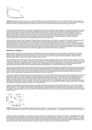 FIGURE 15.3. Spontaneous wheel running by rats on a calorie-restricted diet ( open circles) compared with rats on a control diet (squares). Calorie-restricted rats
permitted free access to an exercise wheel run an average of 4 to 5 km per day until the 30th month of life. In contrast, control rats run less than 500 m per day from
the sixth month of life. The 50% survival level was 26 months for control rats and 37 months for restricted rats. (Courtesy of Roger J.M. McCarter.)
The growing body of descriptive data on the physiologic characteristics of calorie-restricted rodents has begun to suggest some mechanistic hypotheses worth further
evaluation. Although the amount of fuel used per gram of metabolizing tissue seems not to be altered by caloric restriction, the qualitative properties of fuel use do
show provocative changes. Compared with controls, calorie-restricted rats show declines in blood glucose and blood insulin levels, suggesting an increase in
sensitivity to insulin action. Changes in the ratio of glucocorticoid hormone to glucocorticoid-binding proteins suggest that calorie-restricted rats are likely to have
higher than normal levels of free glucocorticoids. An increase in glucocorticoid tone may contribute to their higher resistance in old age to stressful events.
Calorie-restricted rats show less evidence of oxidative damage to macromolecules and higher levels of antioxidant defenses; prevention of damage by
oxygen-containing reactants may contribute to the antiaging effects of the calorie-restricted protocol.
Although the effects of caloric restriction establish the important principle that the aging rate can be modified in mammals, it is not yet clear if calorie-restricted diets
would achieve similar results in longer-lived species, including humans. At least three research groups have now embarked on a longitudinal study of
calorie-restricted diets in nonhuman primates. Preliminary results from one of these studies suggest that caloric restriction may be able to retard the development of
age-associated diseases in rhesus monkeys. In a group of 33 control animals, median survival was approximately 20 years, but only one of eight calorie-restricted
monkeys had died by 20 years of age. The degree of caloric restriction required for optimal longevity in rodents is too severe to be practical as a human therapeutic
maneuver, but some of the studies underway incorporate detailed analysis of the metabolic and physiologic concomitants of food restriction. Further understanding of
the mechanism by which caloric restriction works in rodents may suggest more practical interventions for human application.
GENETICS OF LONGEVITY
Experimental gerontologists face two genetic problems: elucidating the basis for interspecies differences in aging and longevity and assessing the role of allelic
differences within a species that influence aging and life span. The former problem is hard to approach with current methods, but work on the latter has begun to
generate valuable insights. Most of the studies use life span as the sole index of aging rate, and this can present interpretative difficulties, making it difficult to
disentangle genetic effects on aging from the effects on specific, common diseases.
The results discussed earlier for selected populations of fruit flies and opossum populations suggest that there may be considerable effects of genotype on maximal
longevity and the aging rate within a species. Human twin studies have shown that, for individuals dying after the age of 15 years in modern Denmark, about one-third
of the variation in life span can be attributed to genetic effects. Much of the genetic variation was of the nonadditive type; it was attributable to dominance effects and
to interactions among alleles at different genetic loci. In some twin pairs, the genetic effects could not be attributed solely to occurrence of diseases that lead to
relatively early death (before 60 years of age), because genetic effects were demonstrable even in subsets of twins that lived to older ages.
Screens of a few polymorphic loci have shown that very-long-lived persons (centenarians) have statistically higher probabilities of having inherited the E2 allele of the
gene for apolipoprotein E at the expense of the E4 allele, which is associated with atherosclerosis and Alzheimer's disease. It is surprising that centenarians also tend
to have inherited in homozygous form the D allele at the angiotensin-converting enzyme locus, even though the D allele is thought to predispose to coronary heart
disease. It remains to be seen if these or other human polymorphisms have an effect on age-associated physiologic or pathologic processes unconnected to a
specific, common, lethal disease or have predictive value in those who do not live to the age of 100.
Human genetic studies are handicapped by the inability to test the progeny of experimental matings, and much of what is known about the genetic control of aging has
emerged from studies of rodents and invertebrates. The most informative study of longevity in mice involved life-span determinations for 360 female mice of 20
different inbred strains, each of which had a different combination of alleles from two parental mouse strains. The mean life span differed substantially between the
longest- and shortest-lived strains (904 and 479 days). Genetic variation accounted for only 29% of the total variation in life span, a value consistent with the
heritability estimates derived from human twin studies. A surprisingly large proportion, 44%, of the 101 distinguishable genetic markers were significantly correlated
with variations in life span when considered individually; this number remains large (16%) even after adjustment for multiple comparison artifacts. Much of the genetic
variation could be accounted for by groups of as few as six to seven influential loci.
Analysis of life-span statistics among breeds of dogs are also consistent with the idea that fairly small numbers of genetic alleles may, in concert, lead to significant
variation in aging rate within a species. Artificial selection for differences in body size among dog breeds, for example, has led to differences of as much as 50% in
mean longevity (Fig. 15.4). Although the number of relevant genetic alleles has not been determined, it is noteworthy that 56% of the variation in breed longevity can
be attributed to interbreed variations in size alone, and that the size differences have been shown in some cases to represent differences in production of or response
to growth hormone.
FIGURE 15.4. Big dogs die young: correlation of mean weight with mean longevity for 17 breeds of dogs. Each symbol represents a separate breed. (Data from Y. Li,
B. Deeb, W. Pendergrass, and N. Wolf. Cellular proliferative capacity and lifespan in small and large dogs. J Gerontol Biol Sci 1996;51:B403–B408, with permission.)
Studies of the effects of single genetic loci on aging have progressed most rapidly in invertebrate species, particularly the nematode Caenorhabditis elegans, which
presents special technical advantages for genetic analysis. Several laboratories have identified single-locus mutations that lead to increased life span in C. elegans.
The most potent of these lead by themselves to a doubling of life span, and the most potent combinations can lead to a four-fold increase in longevity. Some of the
loci have now been cloned and shown to resemble human genes that code, respectively, for the insulin receptor, for a lipid kinase involved in cell activation, and for a
transcription factor that is likely to regulate expression of multiple other genes. Three aspects of this work are particularly provocative.
 